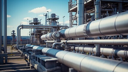 Large industrial gasoline pipeline at oil refinery plant - obrazy, fototapety, plakaty