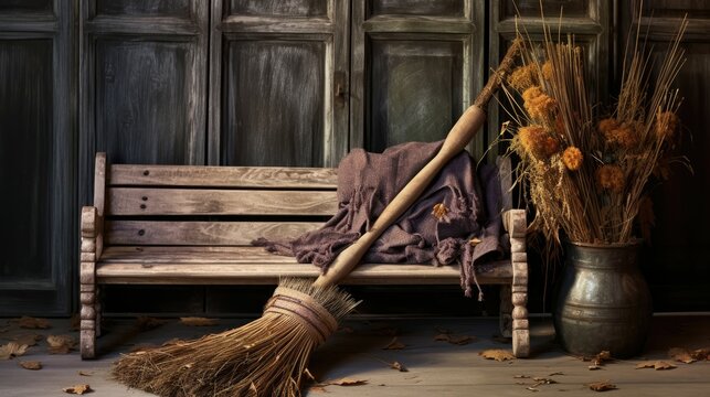 Resting on the porch. Rustic broomstick evokes a sense of enchantment and mystery. Halloween concept for home decor store, Halloween prop supplier, fantasy-themed gift shop.