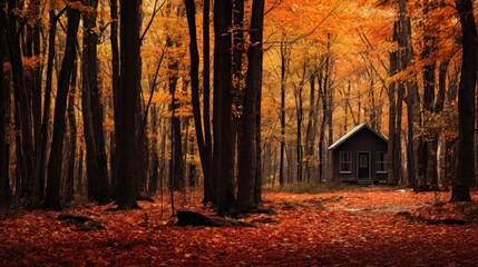 wooden shed in the forest in autumn