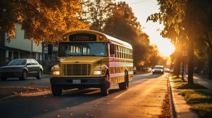 Obraz premium School bus driving on a street back to school