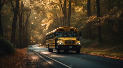 Obraz premium School bus driving through the autumn fall forest with yellow leaves