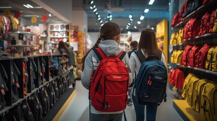 Obraz premium Girls with backpacks buying school supplies. Mall shopping