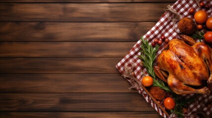 Thanksgiving turkey roasted served on a squared blanket top view on wooden background copy space