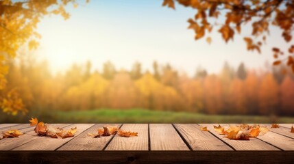 Naklejka na ściany i meble autumn leaves on wooden table background for product display