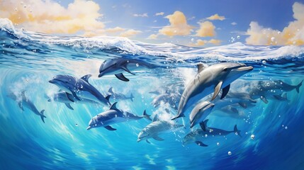  a group of dolphins swimming in the ocean with a sky background.  generative ai