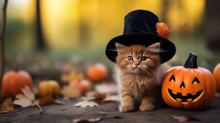 Cute kitten in a black hat for Halloween with jack o lantern pumpkins sitting in an autumn park