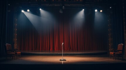 mic on a stage with curtains and spotlight