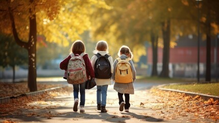School friends, boys and girls with school backpacks on their backs walk after class.