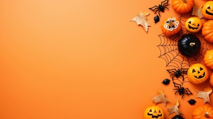 Halloween party border background with pumpkins bats and spiders - obrazy, fototapety, plakaty