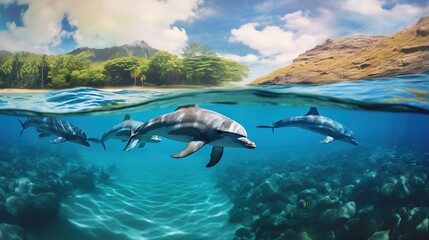 Naklejka premium a painting of three dolphins swimming in the ocean with a mountain in the background. generative ai