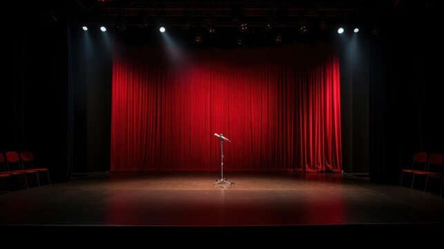 Microphone on empty stage podium with spotlight and red curtains