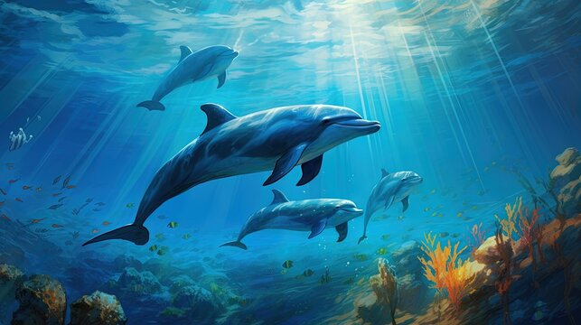  a painting of three dolphins swimming in the ocean with sunlight streaming through the water.  generative ai