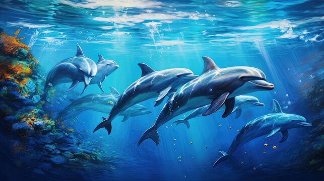  a painting of three dolphins swimming in the ocean with sunlight streaming through the water.  generative ai