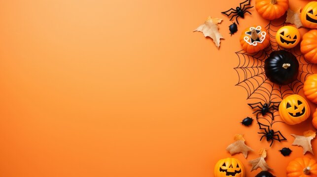 Halloween party border background with pumpkins bats and spiders