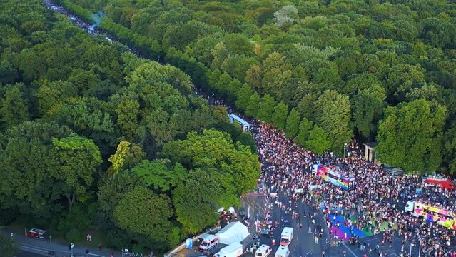 Dramatic aerial top view flight Love Parade 2023 Berlin Crowd Pride Gay Party