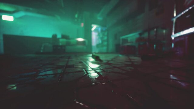 dimly lit Asian bar with vibrant neon lights