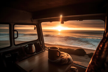 Coffee mug inside van and sunrise view at beach