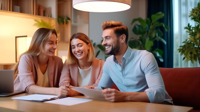 Real estate agent or realtor signing mortgage agreement for new home with couple of happy young clients. Generative AI