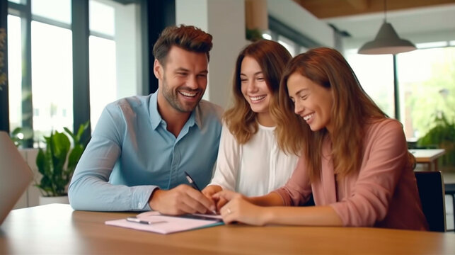 Real estate agent or realtor signing mortgage agreement for new home with couple of happy young clients. Generative AI