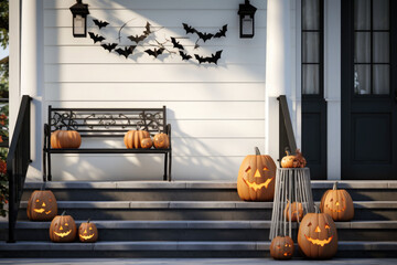 Obraz premium Carved pumpkins, bats, spiders on stairs and bench near modern house with black door