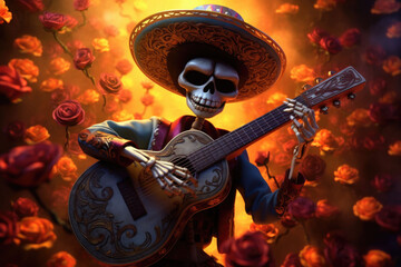 A skeleton mariachi playing the guitar. The Day of the Dead style