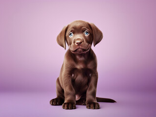Fototapeta premium Brown Labrador puppy sitting on a light purple background