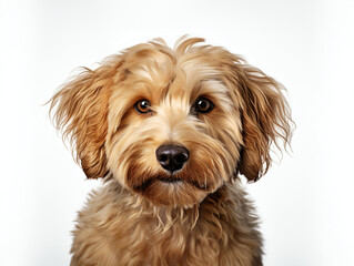 Golden doodle in a studio on white background