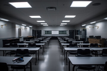 Professionally organized classroom with rows of desks and chairs, lit up by cinematic lights, creating a visually stunning and inviting environment for students