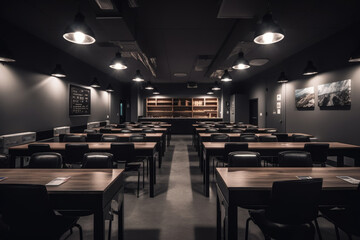 Professionally organized classroom with rows of desks and chairs, lit up by cinematic lights, creating a visually stunning and inviting environment for students