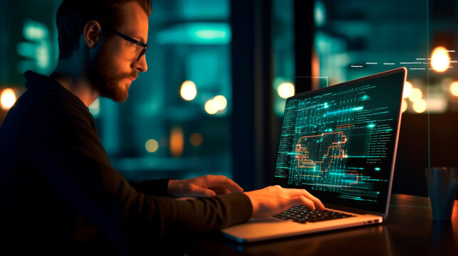software development concept. Coding programmer, software engineer working on laptop with javascript computer code on virtual scree. Generative AI