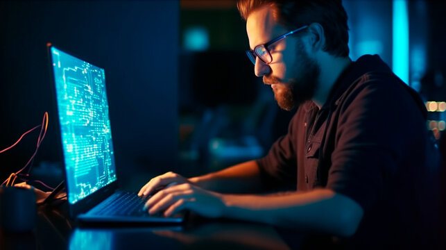 software development concept. Coding programmer, software engineer working on laptop with javascript computer code on virtual scree. Generative AI