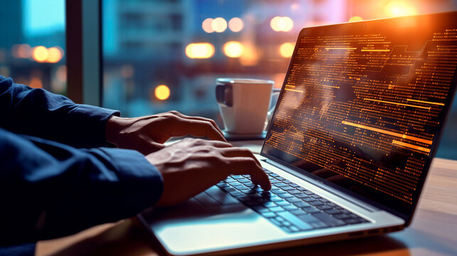 software development concept. Coding programmer, software engineer working on laptop with javascript computer code on virtual scree. Generative AI