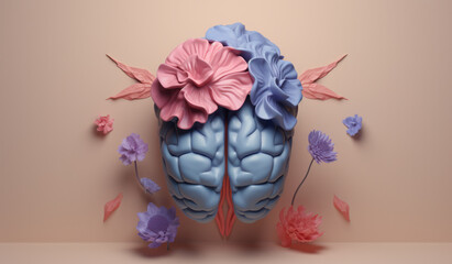 human brain with flowers