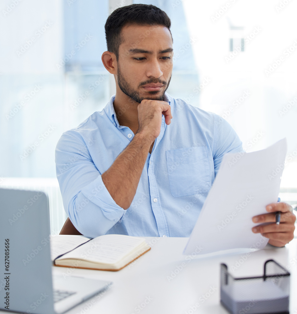 Aufkleber reading, documents and business man thinking, problem solving or looking for solution in office work