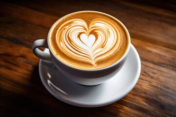 Cappuccino with latte art heart, top view cup of coffee, generative AI