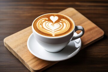 Obraz premium Latte art design, cup of cappuccino on a wooden board, generative AI