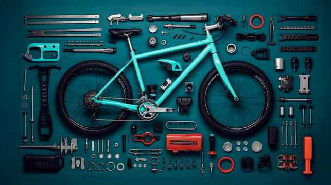 Top view of bicycle and parts of it. Bicycle and parts to it layout. Generative AI