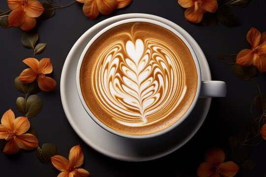 Cappuccino coffee with latte art, top view