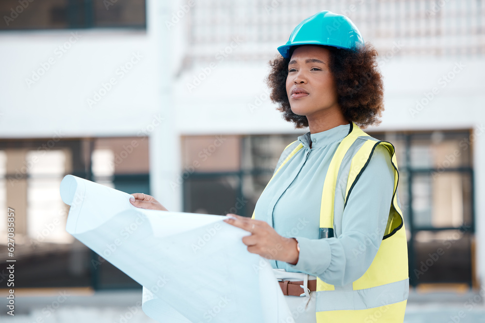 Poster idea, engineer and woman with blueprint in city for construction, building design or development. th