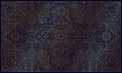 Abstract geometric banner. Luxury poster with golden shining pattern or orgamet for brochures and holiday invitations. Art deco purple cover in line art style. Cartoon flat vector illustration