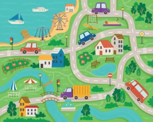 Abwaschbare Fototapete Cartoon-Autos Road map of my city. Roads and streets with cute cars and buses, beach and sea, attractions and houses, river and trees. Colorful design for kids play roll mat. Cartoon flat vector illustration