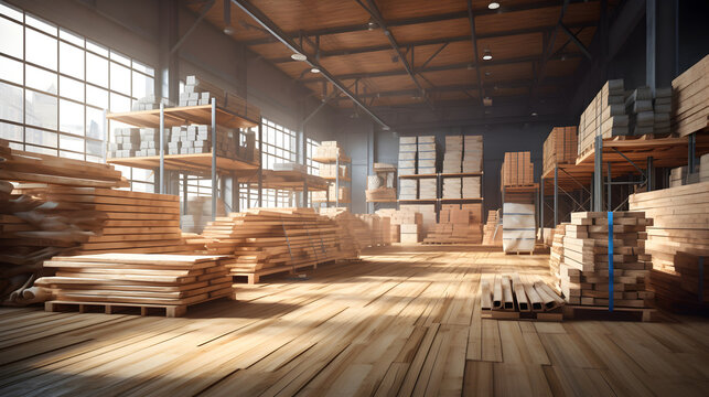 Warehouse with a variety of wood for construction and renovation.