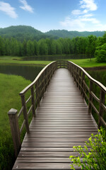 Fototapeta na wymiar Realistic 3d environment of illustration wooden bridge in the nature for background