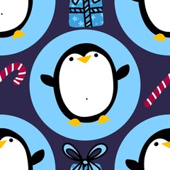 Winter animals seamless cartoon penguin pattern for wrapping paper and kids clothes print and Christmas
