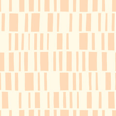 Hand-Drawn Peach and White Geometric Stripes Vector Seamless Pattern. Modern Retro Palyful Print. Organic Square Shapes