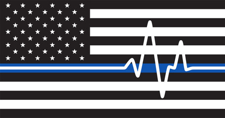 Police us flag. Patriotic symbol. Black and white US Flag with blue line.