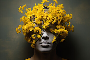 human brain with yellow flowers