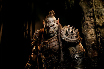 Fototapeta na wymiar Angry orc chief warriorwith spike armour in cinematic lights