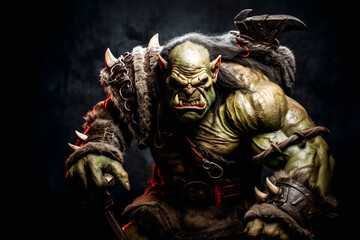 Angry orc warrior holding a hammer with spike armour with cinematic lights