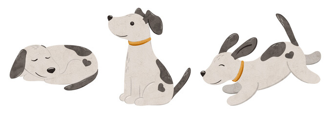 Set of cute puppy Stabyhoun sleeps, sits, runs and jumps. Digital hand drawn illustration with a small baby dog for textile design, poster, postcard. Cartoon style character drawing for printing on an